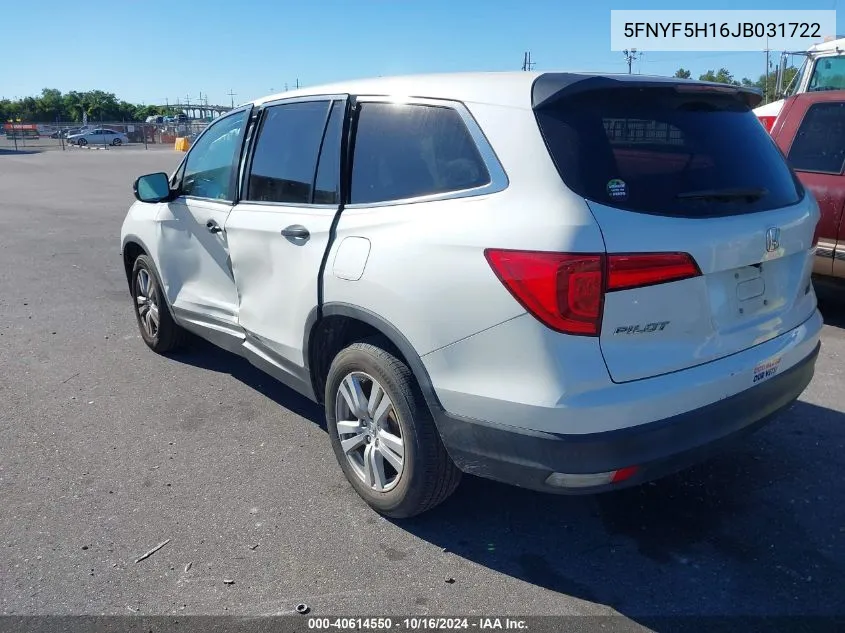 2018 Honda Pilot Lx VIN: 5FNYF5H16JB031722 Lot: 40614550