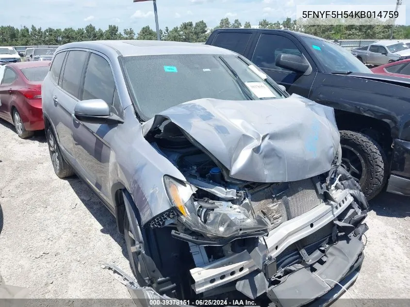 2019 Honda Pilot Ex-L VIN: 5FNYF5H54KB014759 Lot: 39378151