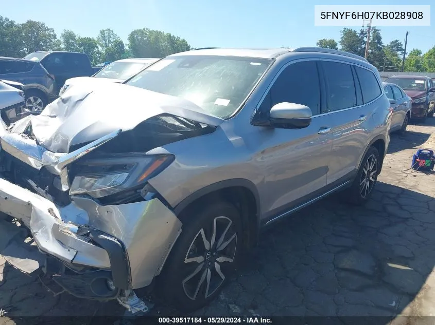 2019 Honda Pilot Elite VIN: 5FNYF6H07KB028908 Lot: 39517184