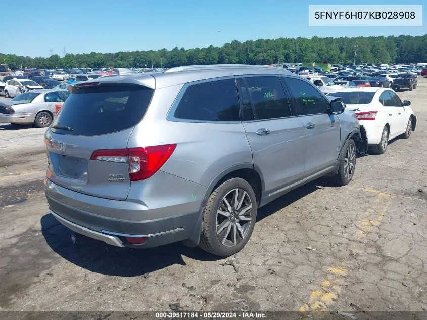 2019 Honda Pilot Elite VIN: 5FNYF6H07KB028908 Lot: 39517184