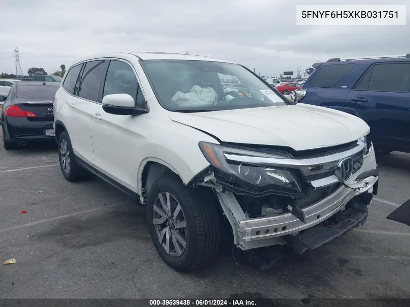 2019 Honda Pilot Ex-L VIN: 5FNYF6H5XKB031751 Lot: 39539438