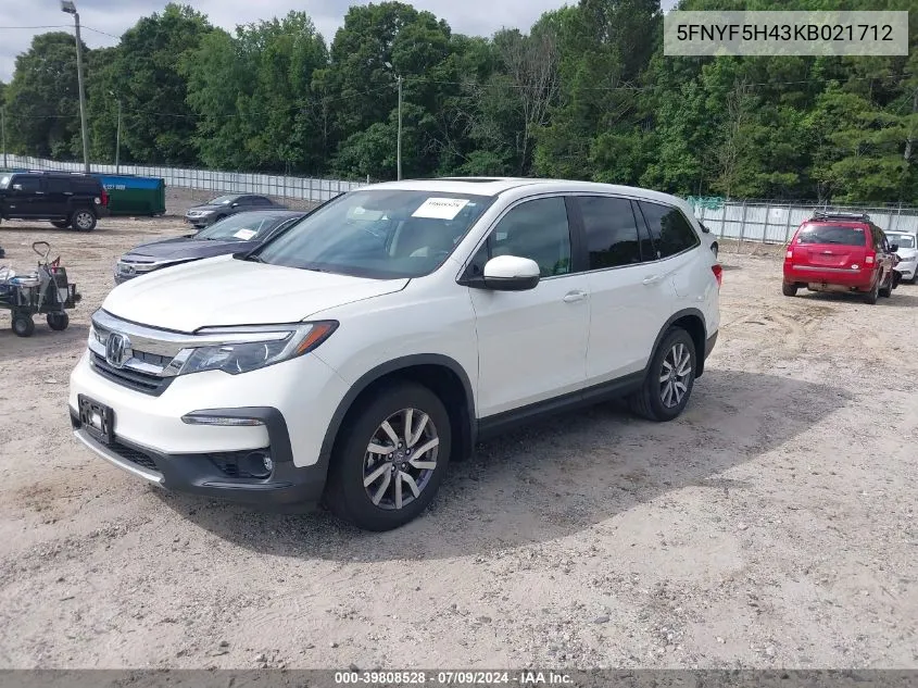 2019 Honda Pilot Exl VIN: 5FNYF5H43KB021712 Lot: 39808528