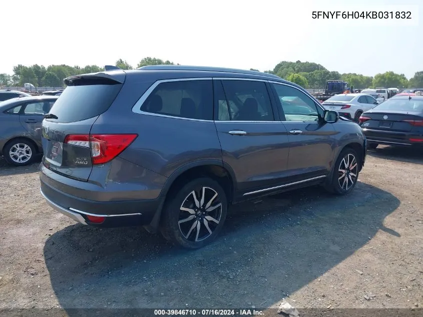 2019 Honda Pilot Elite VIN: 5FNYF6H04KB031832 Lot: 39846710