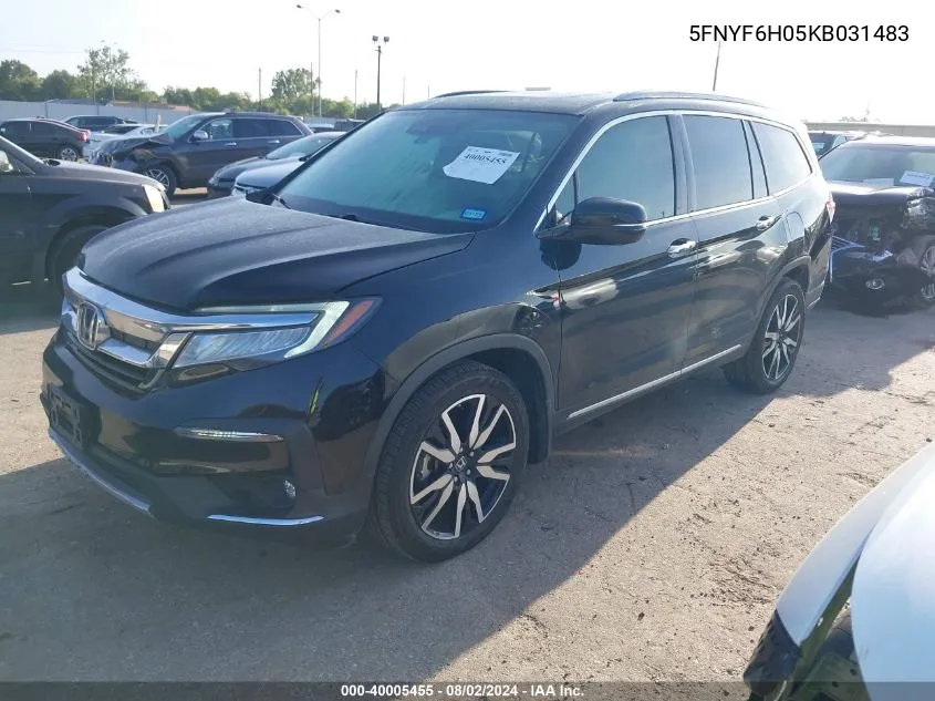 2019 Honda Pilot Elite VIN: 5FNYF6H05KB031483 Lot: 40005455