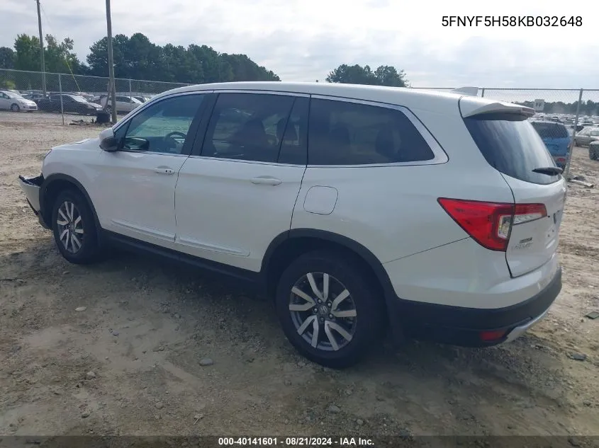 2019 Honda Pilot Ex-L VIN: 5FNYF5H58KB032648 Lot: 40141601