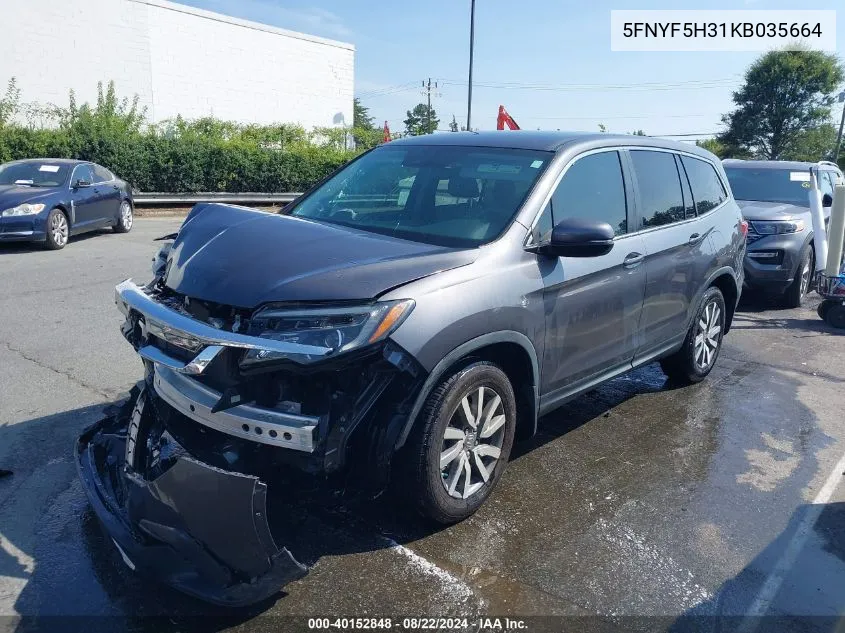 2019 Honda Pilot Ex VIN: 5FNYF5H31KB035664 Lot: 40152848