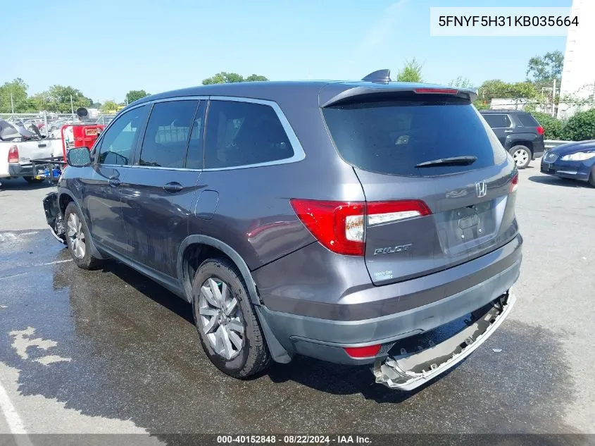 2019 Honda Pilot Ex VIN: 5FNYF5H31KB035664 Lot: 40152848