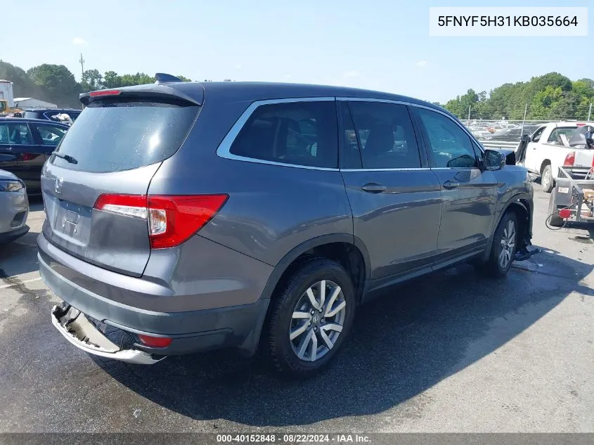 2019 Honda Pilot Ex VIN: 5FNYF5H31KB035664 Lot: 40152848