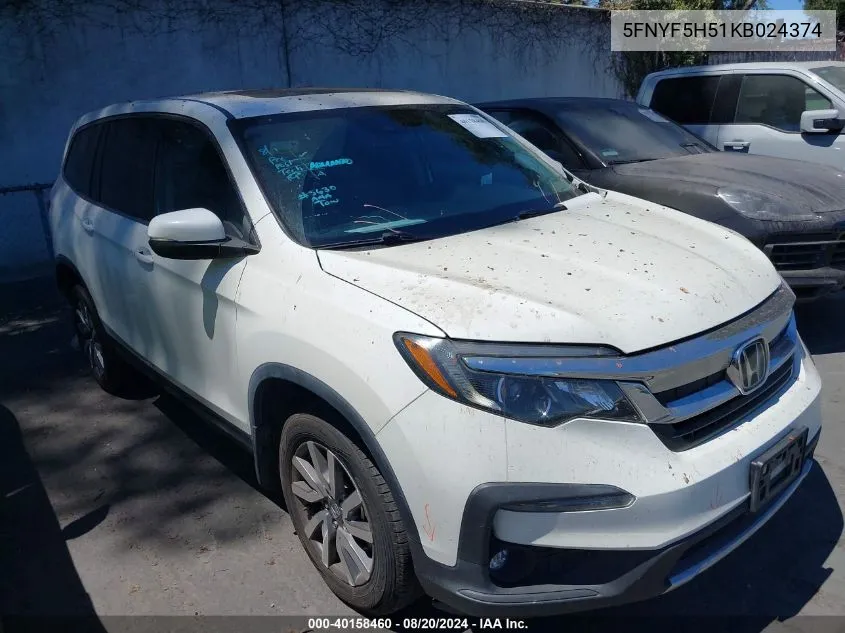 2019 Honda Pilot Ex-L VIN: 5FNYF5H51KB024374 Lot: 40158460