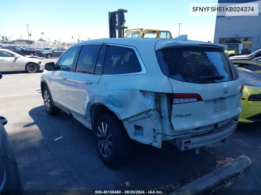 2019 Honda Pilot Ex-L VIN: 5FNYF5H51KB024374 Lot: 40158460