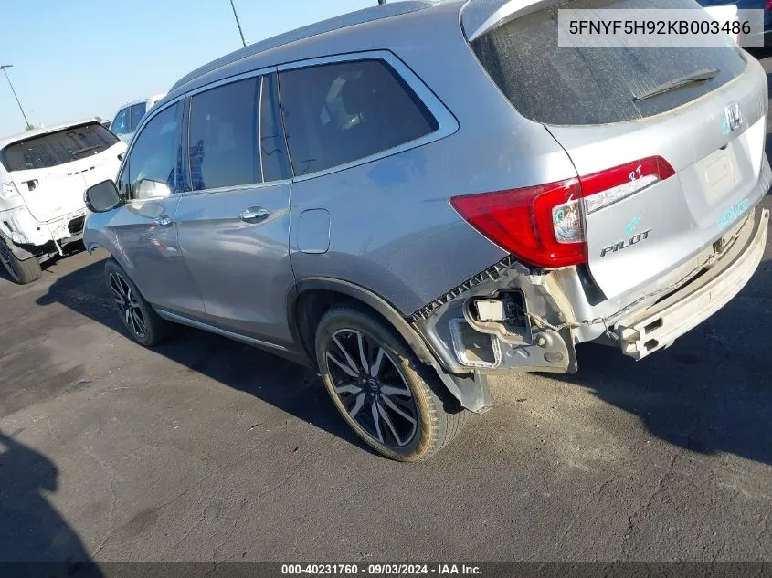 2019 Honda Pilot Touring VIN: 5FNYF5H92KB003486 Lot: 40231760