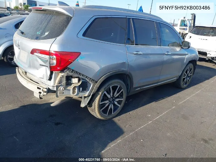 2019 Honda Pilot Touring VIN: 5FNYF5H92KB003486 Lot: 40231760