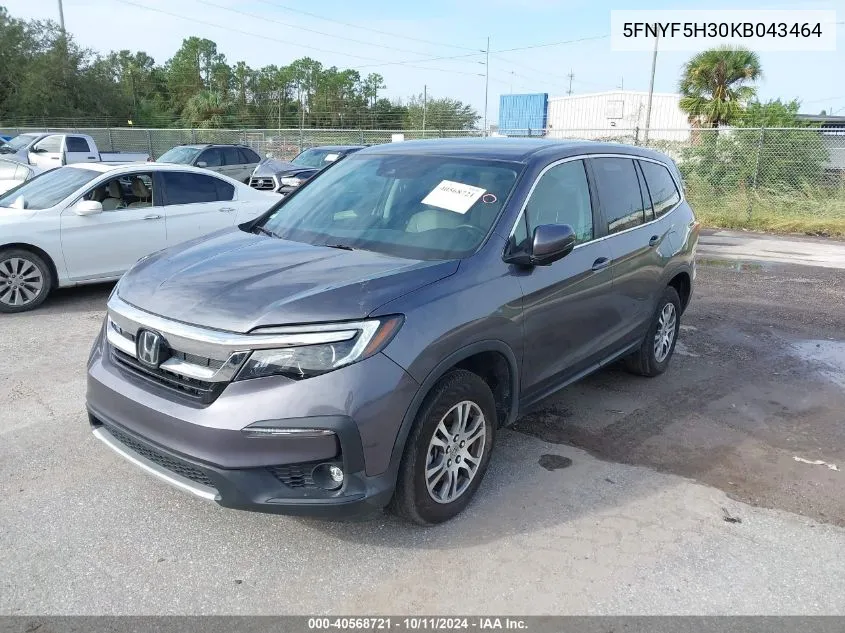 2019 Honda Pilot Ex VIN: 5FNYF5H30KB043464 Lot: 40568721