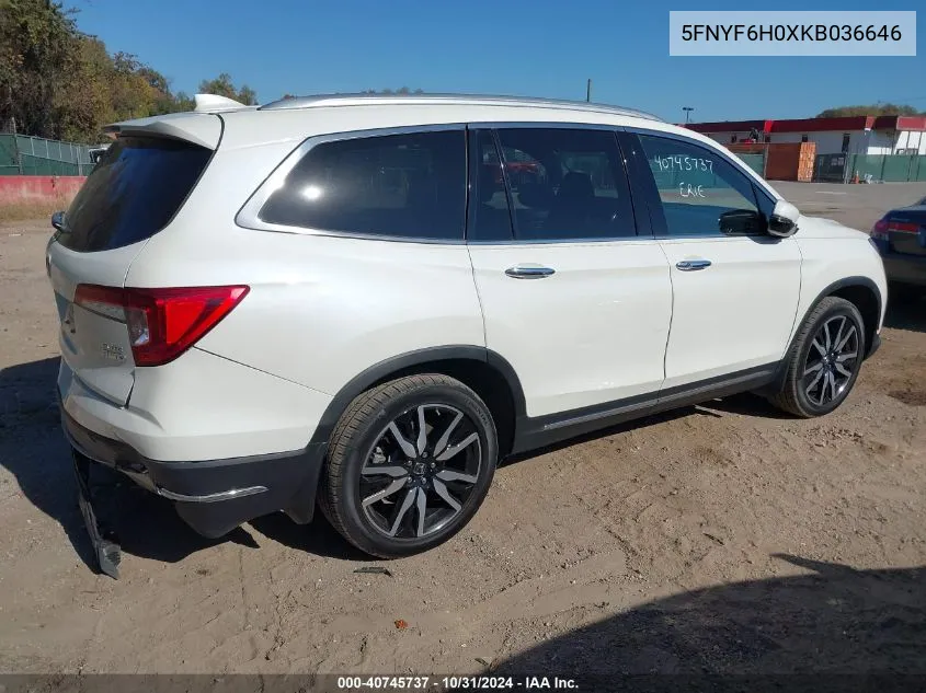 2019 Honda Pilot Elite VIN: 5FNYF6H0XKB036646 Lot: 40745737