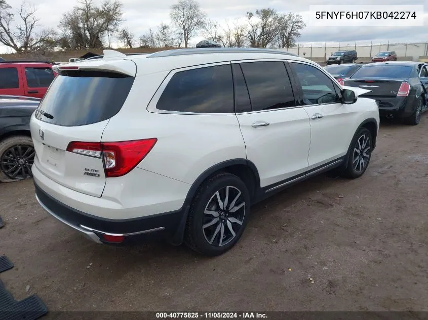 2019 Honda Pilot Elite VIN: 5FNYF6H07KB042274 Lot: 40775825