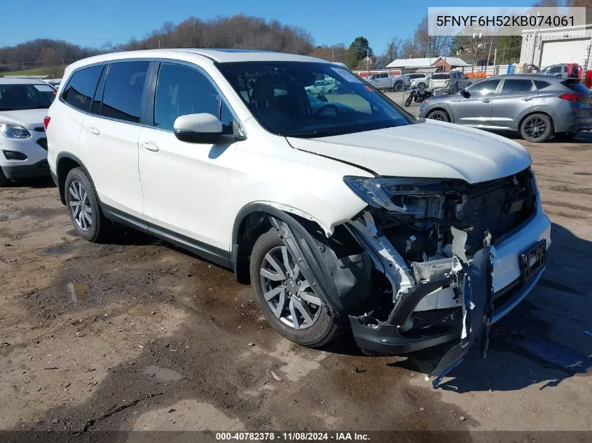 2019 Honda Pilot Ex-L VIN: 5FNYF6H52KB074061 Lot: 40782378