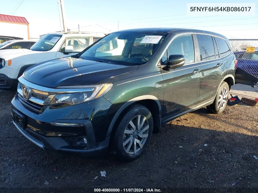 2019 Honda Pilot Ex-L VIN: 5FNYF6H54KB086017 Lot: 40800000