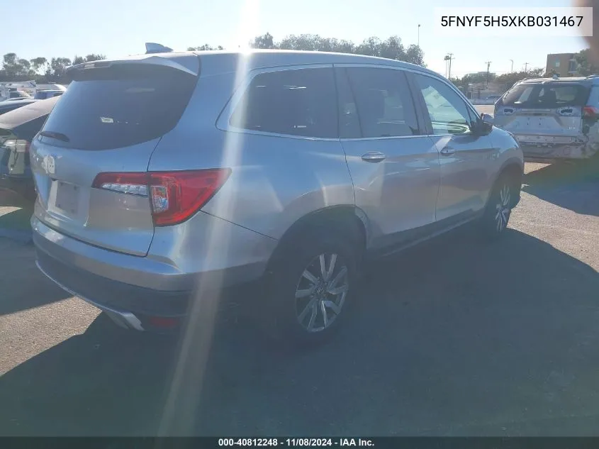 2019 Honda Pilot Ex-L VIN: 5FNYF5H5XKB031467 Lot: 40812248