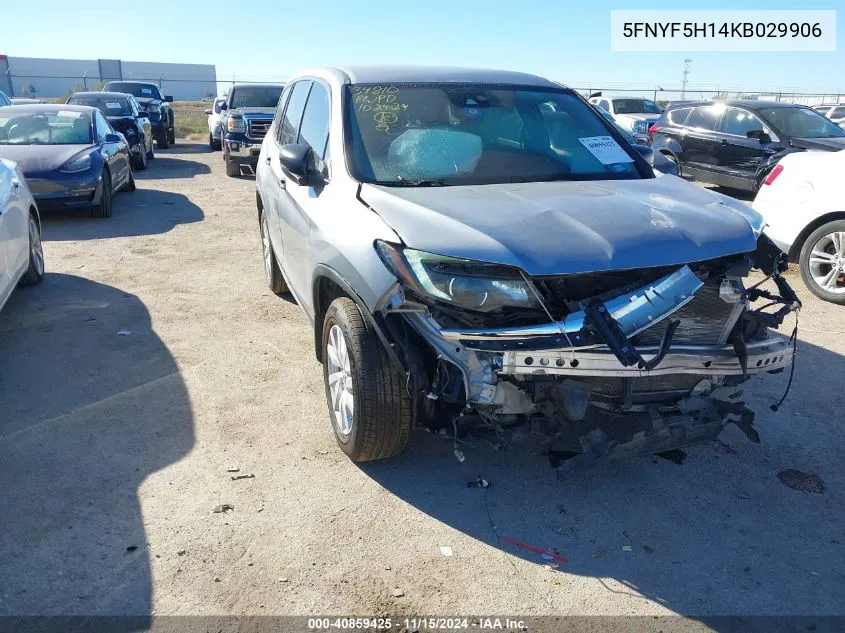 2019 Honda Pilot Lx VIN: 5FNYF5H14KB029906 Lot: 40859425