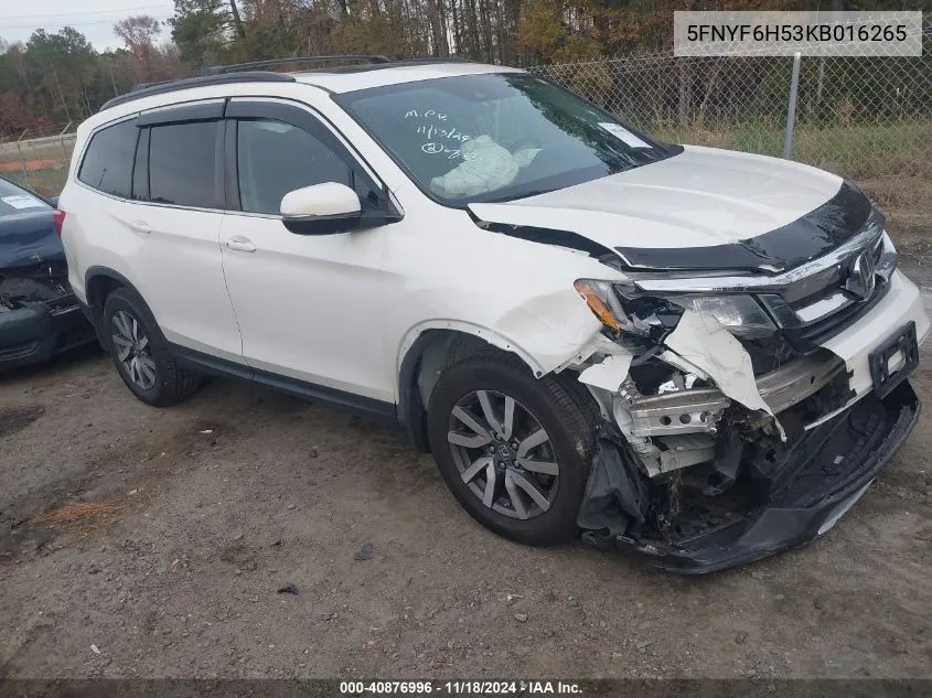 2019 Honda Pilot Ex-L VIN: 5FNYF6H53KB016265 Lot: 40876996