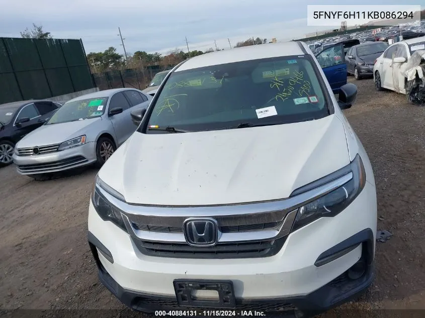 2019 Honda Pilot Lx VIN: 5FNYF6H11KB086294 Lot: 40884131