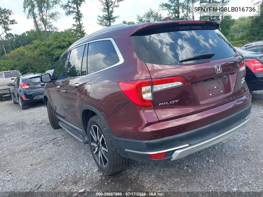 2020 Honda Pilot Awd Elite VIN: 5FNYF6H08LB016736 Lot: 39887668