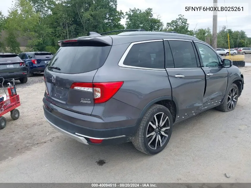 2020 Honda Pilot Awd Elite VIN: 5FNYF6H0XLB025261 Lot: 40094515