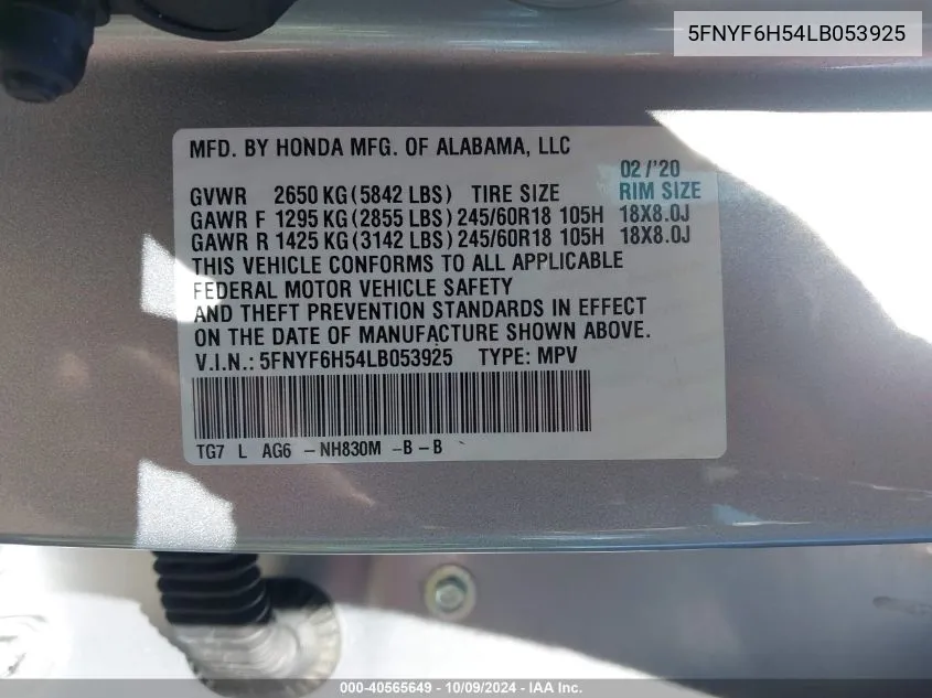 2020 Honda Pilot Awd Ex-L VIN: 5FNYF6H54LB053925 Lot: 40565649