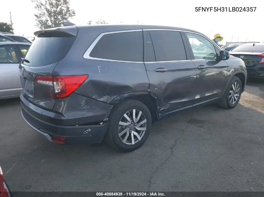 2020 Honda Pilot 2Wd Ex VIN: 5FNYF5H31LB024357 Lot: 40884939