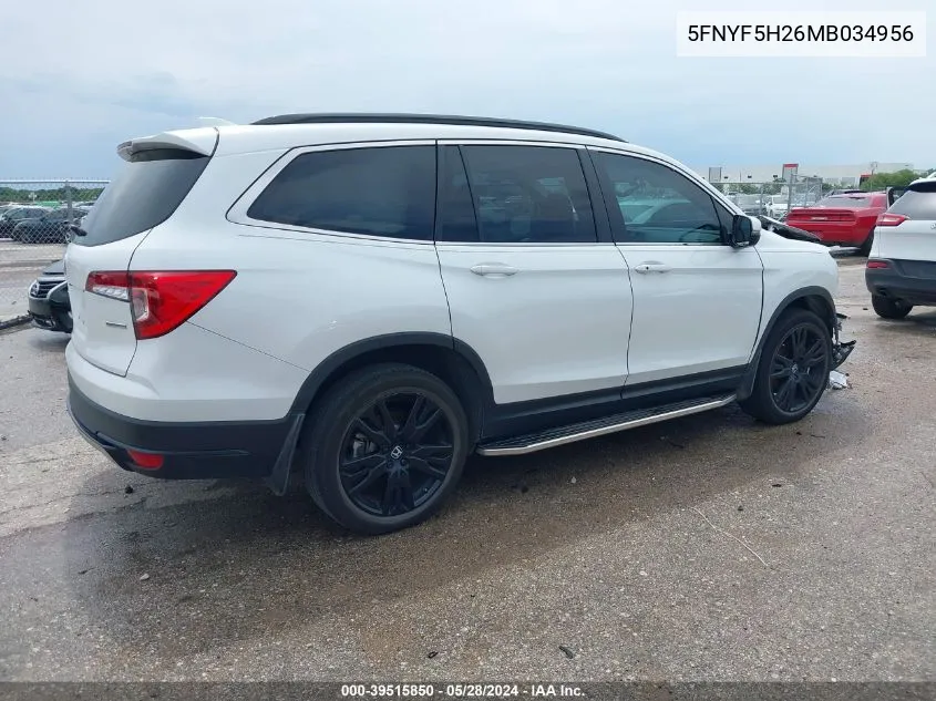 2021 Honda Pilot 2Wd Special Edition VIN: 5FNYF5H26MB034956 Lot: 39515850