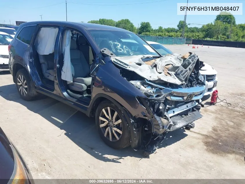 2021 Honda Pilot Awd Ex VIN: 5FNYF6H31MB048407 Lot: 39632695