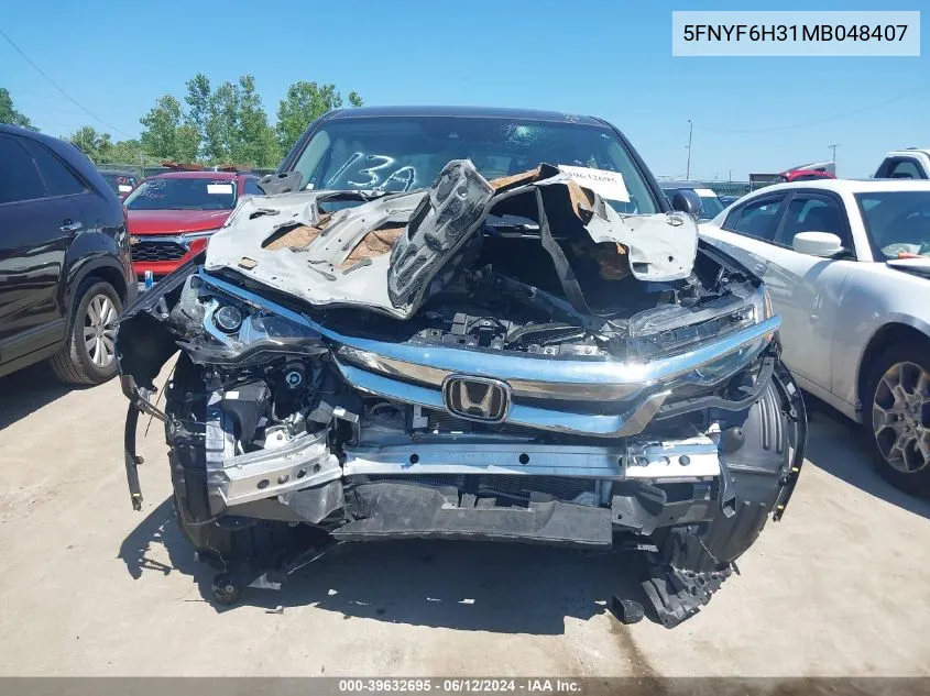 2021 Honda Pilot Awd Ex VIN: 5FNYF6H31MB048407 Lot: 39632695