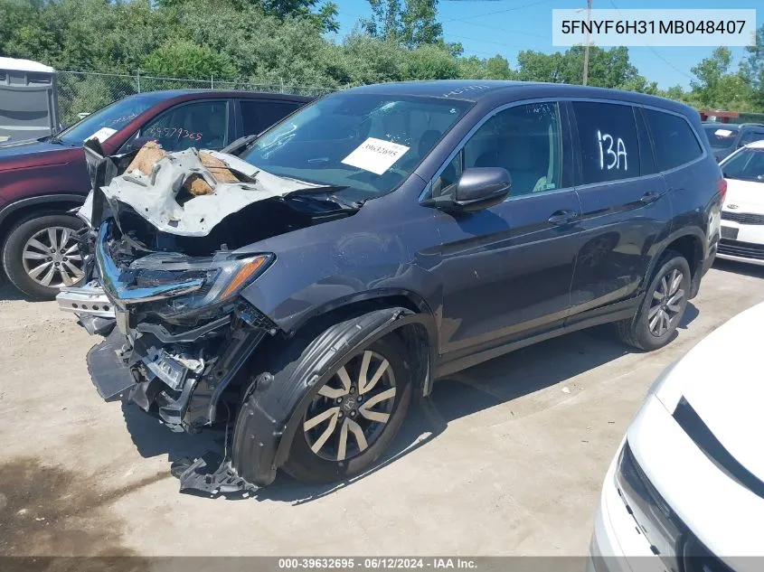 2021 Honda Pilot Awd Ex VIN: 5FNYF6H31MB048407 Lot: 39632695