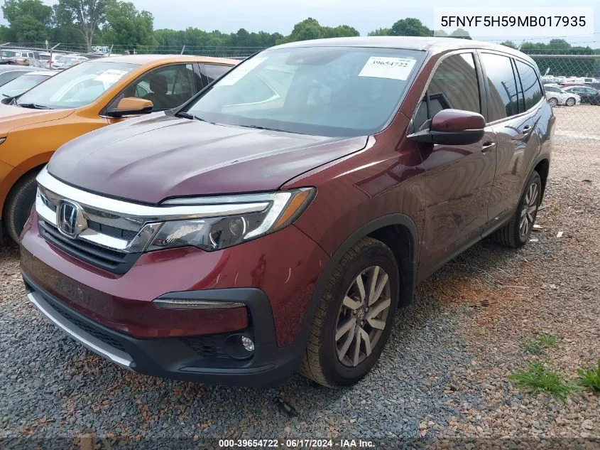 2021 Honda Pilot 2Wd Ex-L VIN: 5FNYF5H59MB017935 Lot: 39654722