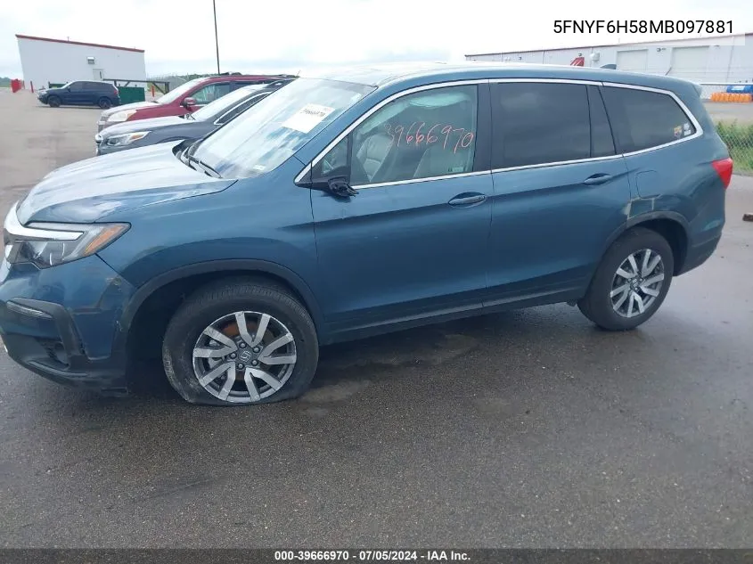 2021 Honda Pilot Awd Ex-L VIN: 5FNYF6H58MB097881 Lot: 39666970