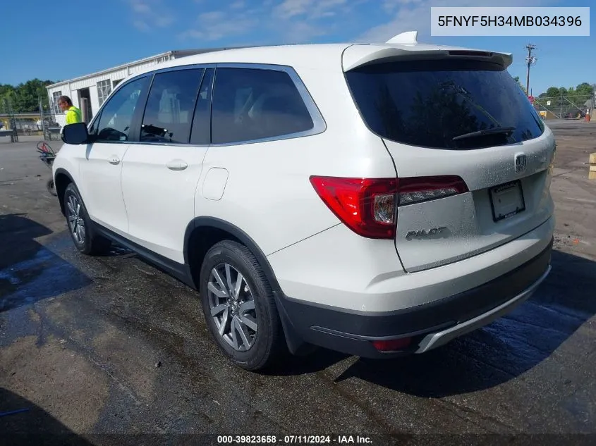 2021 Honda Pilot 2Wd Ex VIN: 5FNYF5H34MB034396 Lot: 39823658