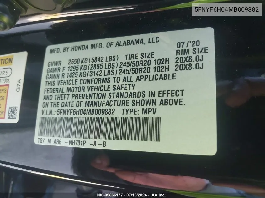 5FNYF6H04MB009882 2021 Honda Pilot Awd Elite