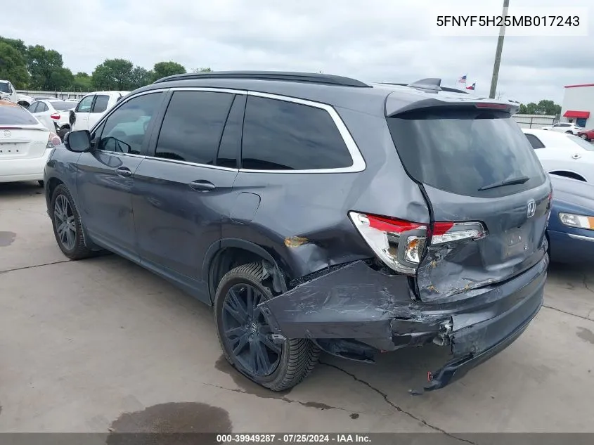 2021 Honda Pilot 2Wd Special Edition VIN: 5FNYF5H25MB017243 Lot: 39949287