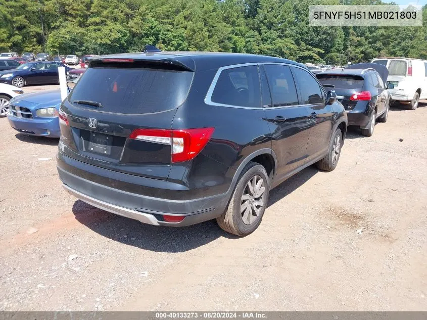 2021 Honda Pilot Exl VIN: 5FNYF5H51MB021803 Lot: 40133273