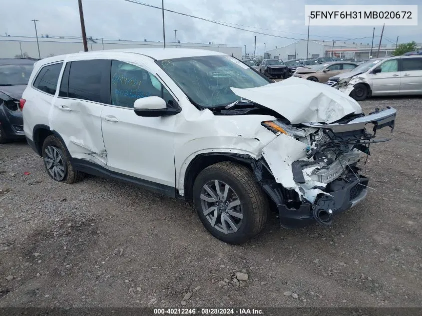 2021 Honda Pilot Awd Ex VIN: 5FNYF6H31MB020672 Lot: 40212246