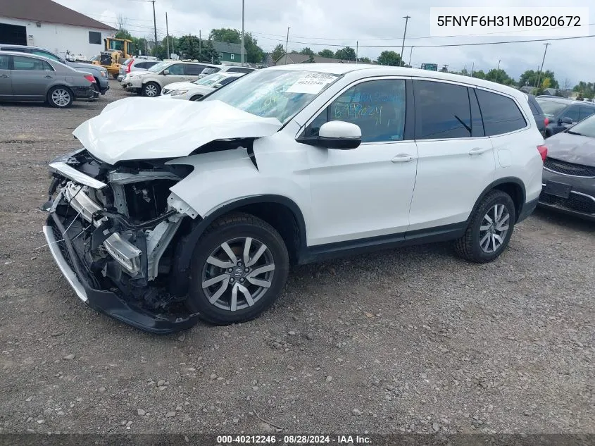 2021 Honda Pilot Awd Ex VIN: 5FNYF6H31MB020672 Lot: 40212246