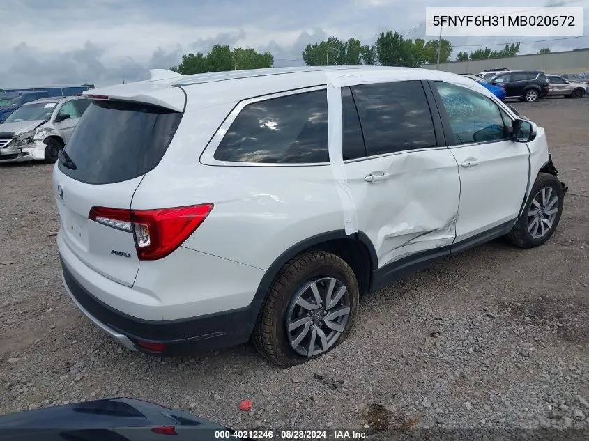 2021 Honda Pilot Awd Ex VIN: 5FNYF6H31MB020672 Lot: 40212246