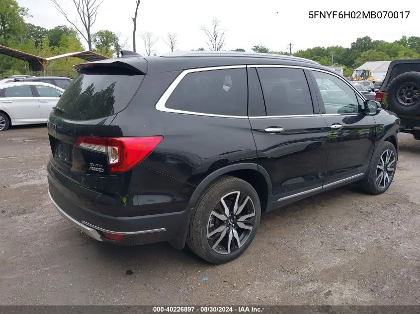 2021 Honda Pilot Awd Elite VIN: 5FNYF6H02MB070017 Lot: 40226897