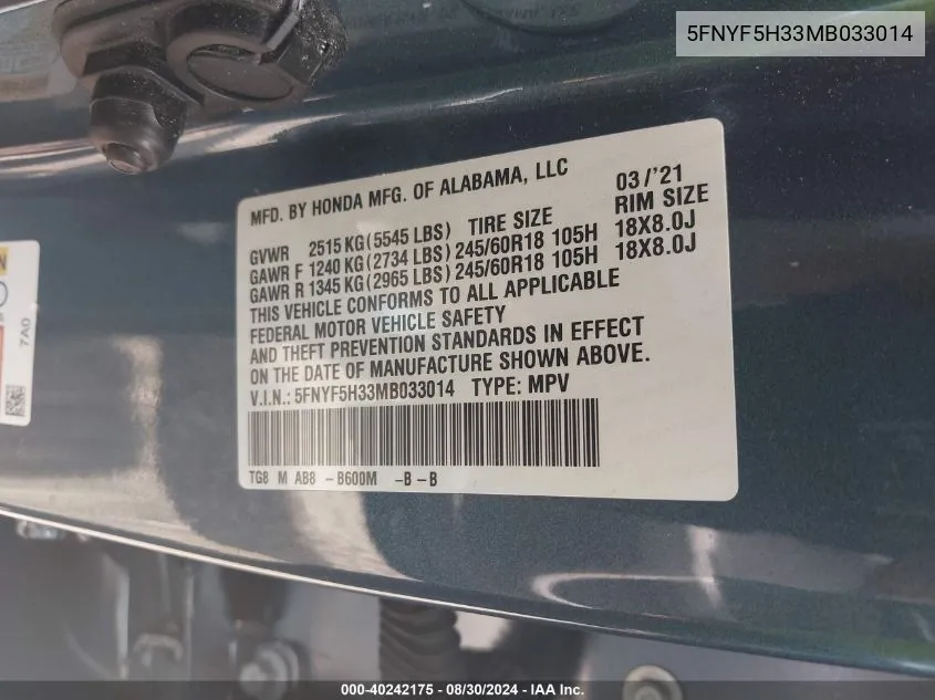 2021 Honda Pilot 2Wd Ex VIN: 5FNYF5H33MB033014 Lot: 40242175