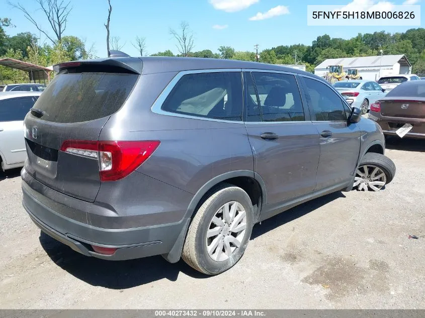 2021 Honda Pilot Lx VIN: 5FNYF5H18MB006826 Lot: 40273432