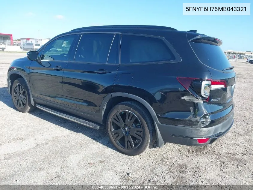 2021 Honda Pilot Black VIN: 5FNYF6H76MB043321 Lot: 40339653