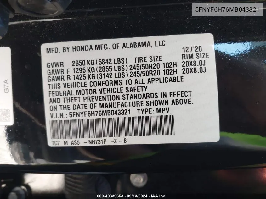 2021 Honda Pilot Black VIN: 5FNYF6H76MB043321 Lot: 40339653