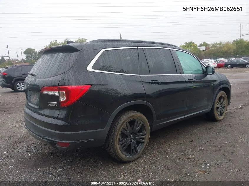 2021 Honda Pilot Awd Special Edition VIN: 5FNYF6H26MB062651 Lot: 40415237