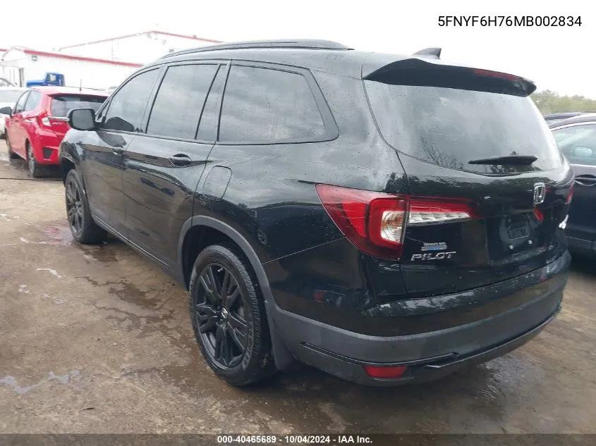 2021 Honda Pilot Awd Black Edition VIN: 5FNYF6H76MB002834 Lot: 40465689