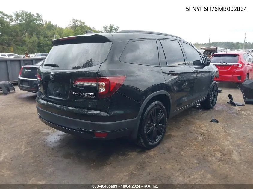 2021 Honda Pilot Awd Black Edition VIN: 5FNYF6H76MB002834 Lot: 40465689